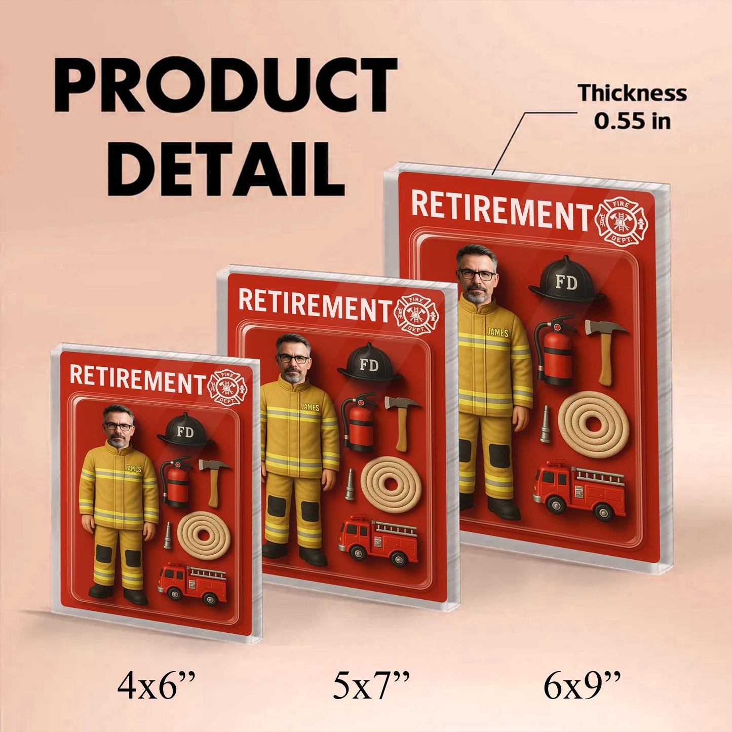 Personalized Firefighter Retirement Gift, Custom Photo Retired Action Figure Acrylic Block, Congratulation Fireman Retired Gifts For Husband