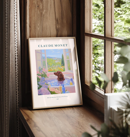 Cocker Spaniel in Bathtub Art Print: Monet Style Cottagecore Decor