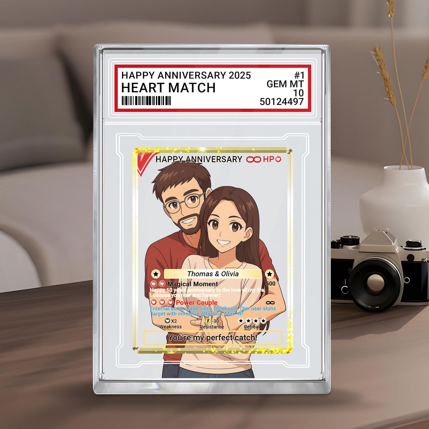 Custom Anniversary Acrylic Block Card with Personalized Couple Photo in Anime Style, Unique Pokemo-Inspired Wedding Gift, Romantic Keepsake