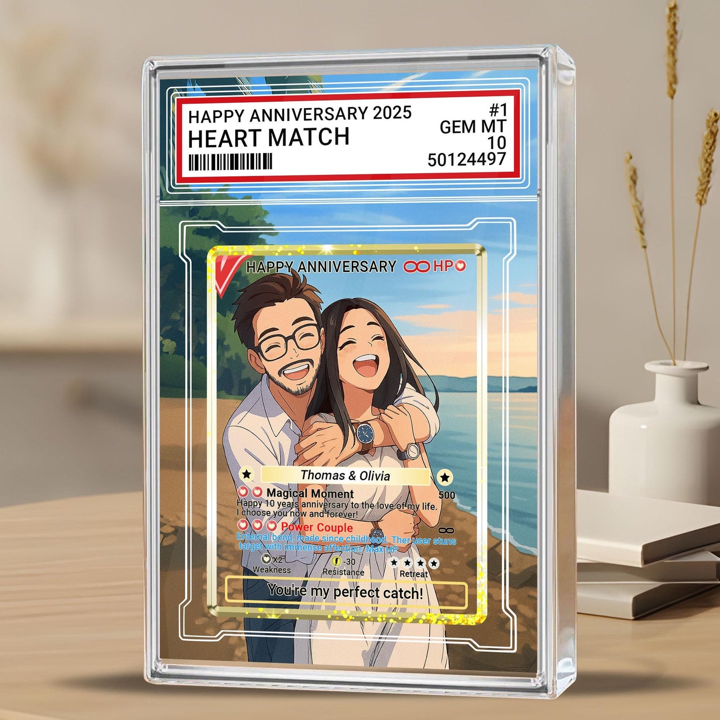 Personalized Anniversary Acrylic Block Card with Custom Couple Photo in Anime Style, Romantic Keepsake, Unique Pokemo-Inspired Wedding Gift