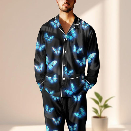 Blue Butterfly Satin Pajama Set, Glowing Insect Print Sleepwear, Aesthetic Black Loungewear, Cute Nightwear Set, Cozy Gift For Her