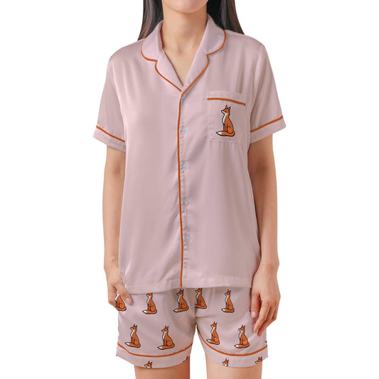 Fox Pajama Set Short Sleeves, Red Fox Woman's Pink Satin Pajama Short Sleeve
