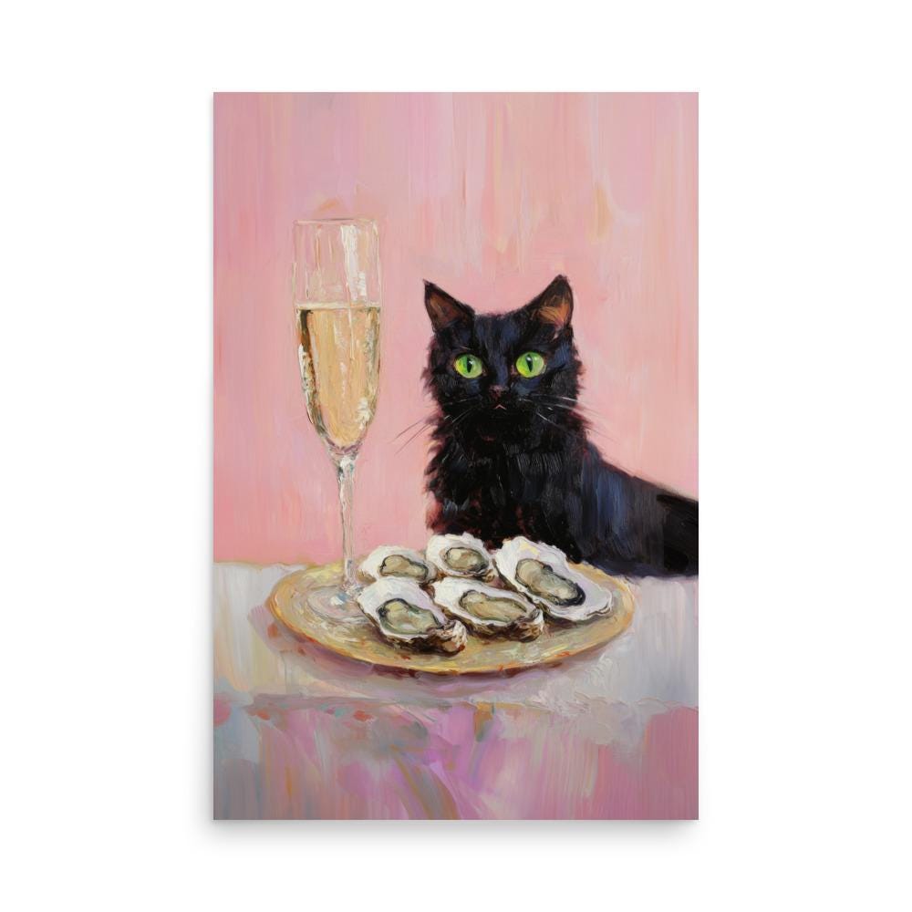 Black Cat with Champagne and Oysters Art Print | Cute Quirky Whimsical | Cocktail Art Bar Cart Decor | Fine Art Print Gift | Funny Cat Art