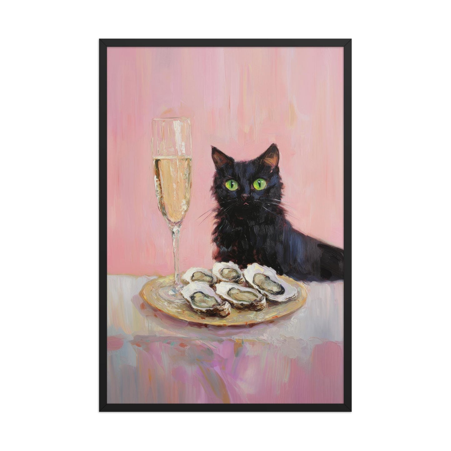 Black Cat with Champagne and Oysters Art Print | Cute Quirky Whimsical | Cocktail Art Bar Cart Decor | Fine Art Print Gift | Funny Cat Art