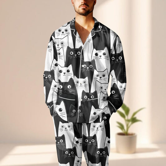 Black Cat Satin Pajama Set For Women, Cute Halloween Sleepwear, Kawaii Kitty Loungewear, Cat Lovers Matching Pajamas Set, Cozy Gift