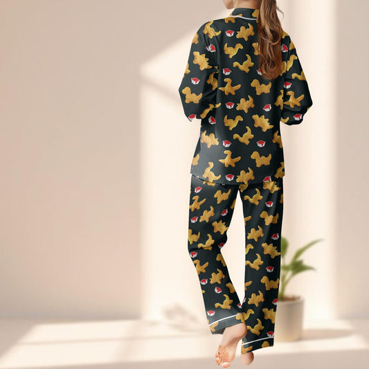 Dino Nugget Satin Pajama Set, Funny Chicken Nugget Sleepwear, Cute Dinosaur Loungewear, Cozy Foodie Matching Pajamas Set, Funny Gift