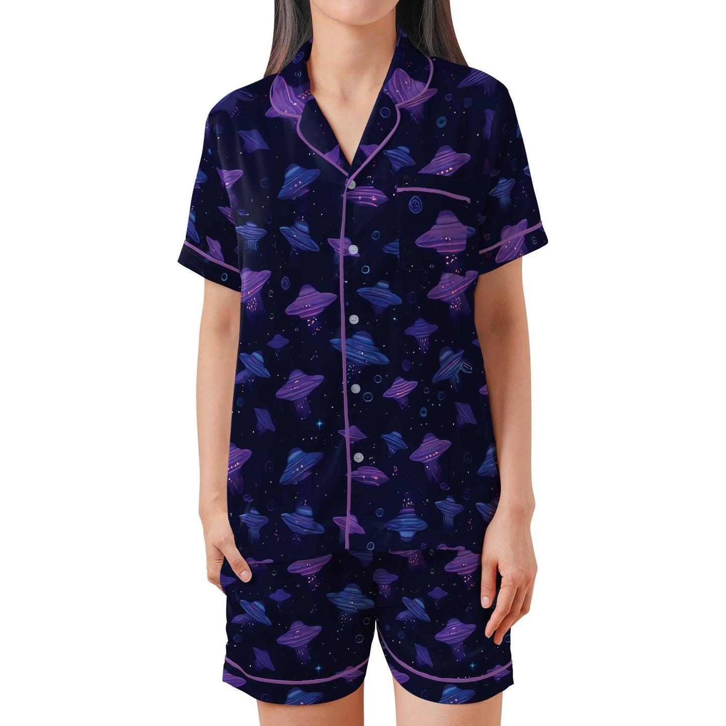 UFO Pajama Set Short Sleeves, Alien Woman's Satin Pajama Short Sleeve