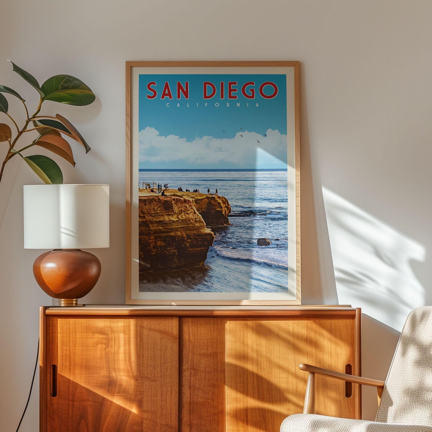 Sunny San Diego Print, Southern California Wall Art, Beach Sunset Cliffs, Retro Travel Art, Vintage Travel Poster, Gift for Travel Couple