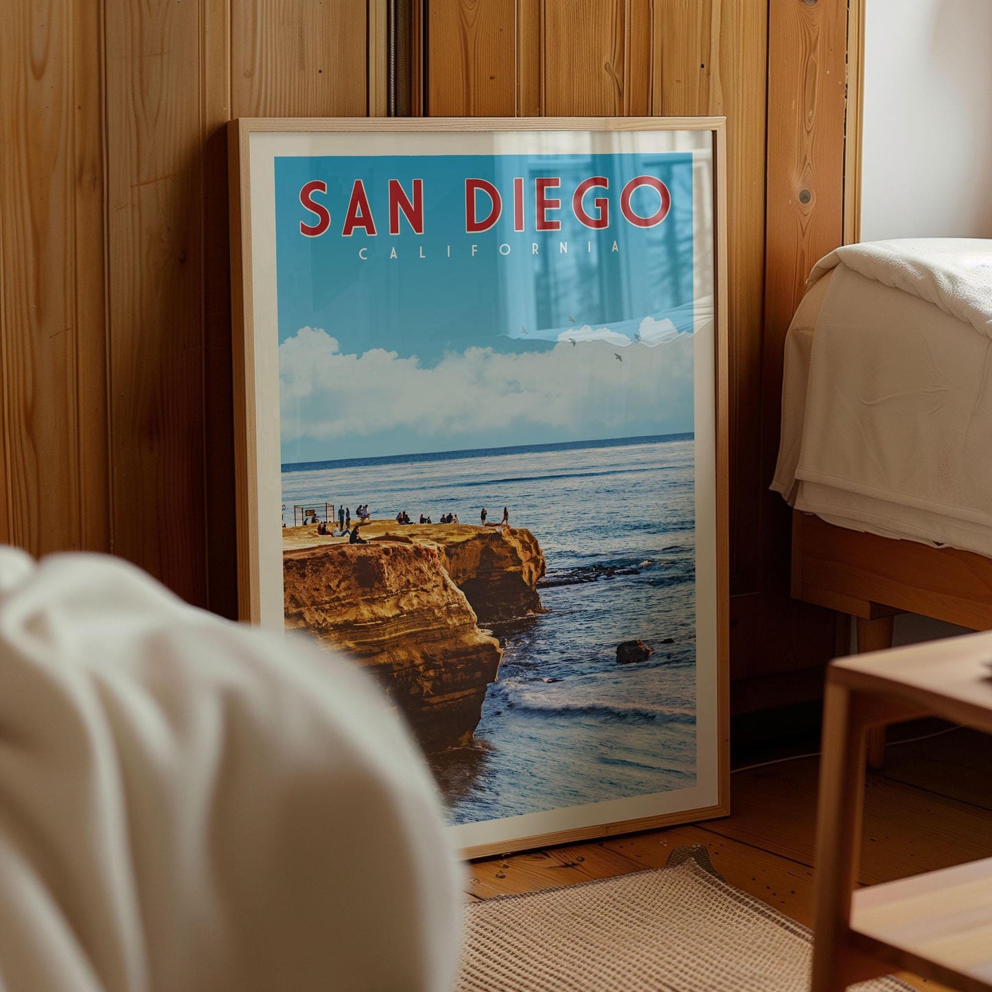 Sunny San Diego Print, Southern California Wall Art, Beach Sunset Cliffs, Retro Travel Art, Vintage Travel Poster, Gift for Travel Couple