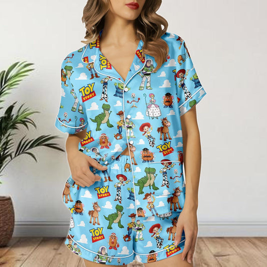 Toy Story Satin Pajamas Shorts Set, Pixar Characters Sleepwear, Women's Summer Lounge PJs, Cute Buzz and Woody Gift Set