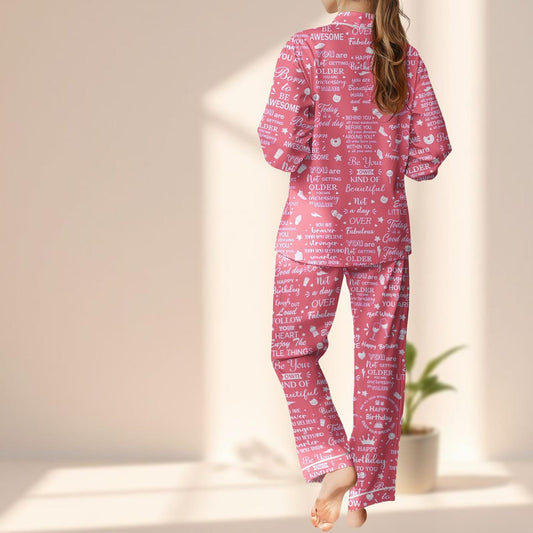 Funny Birthday Quote Satin Pajama Set, Pink Long Pants Sleepwear, Not Getting Older Pjs, Cute Party Loungewear, Birthday Gift For Her