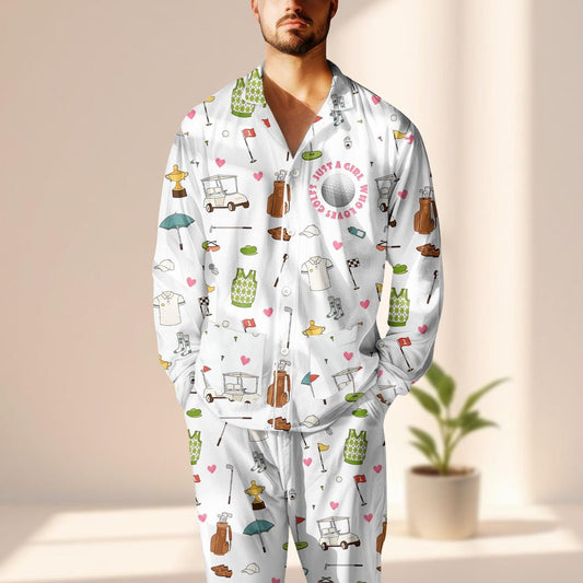 Funny Golf Lover Satin Pajama Set, Just A Girl Who Loves Golf Sleepwear, Cute Golf Matching Pjs, Sporty Loungewear, Gift For Her