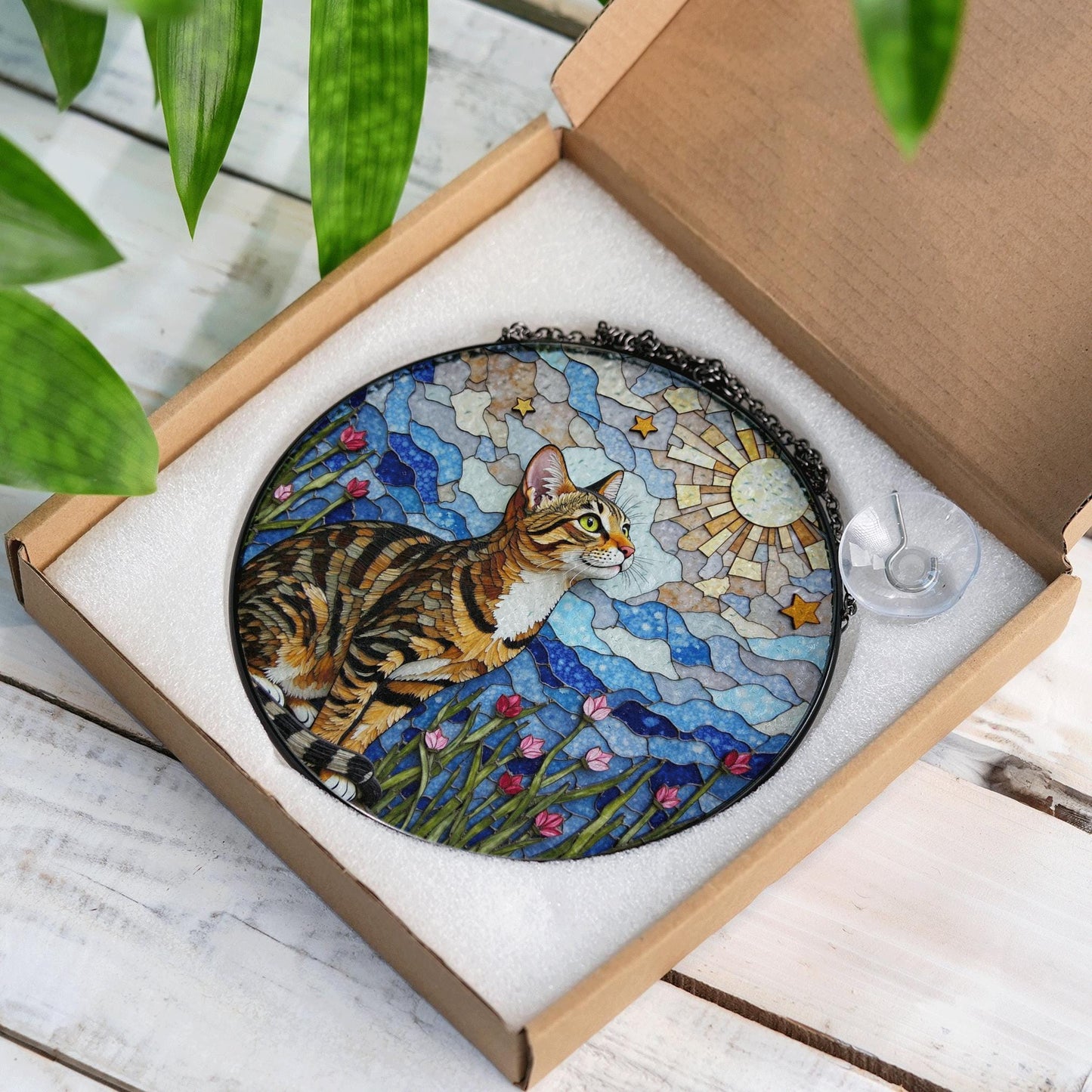 Tabby Cat Moonlight Suncatcher Stained Glass Window Decor Gift For Cat Lovers