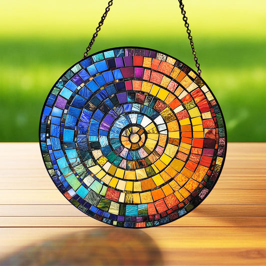 Rainbow Spiral Glass Suncatcher, Stained Glass Style Window Hanging, Round Mosaic Design, Colorful Geometric Decor, Gift For Art Lovers
