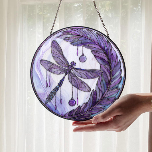 Purple Dragonfly Stained Glass Suncatcher, Dragonfly Moon Suncatcher, Insect Garden Art, Nature-Inspired Glass Panel, Spring Decor Home