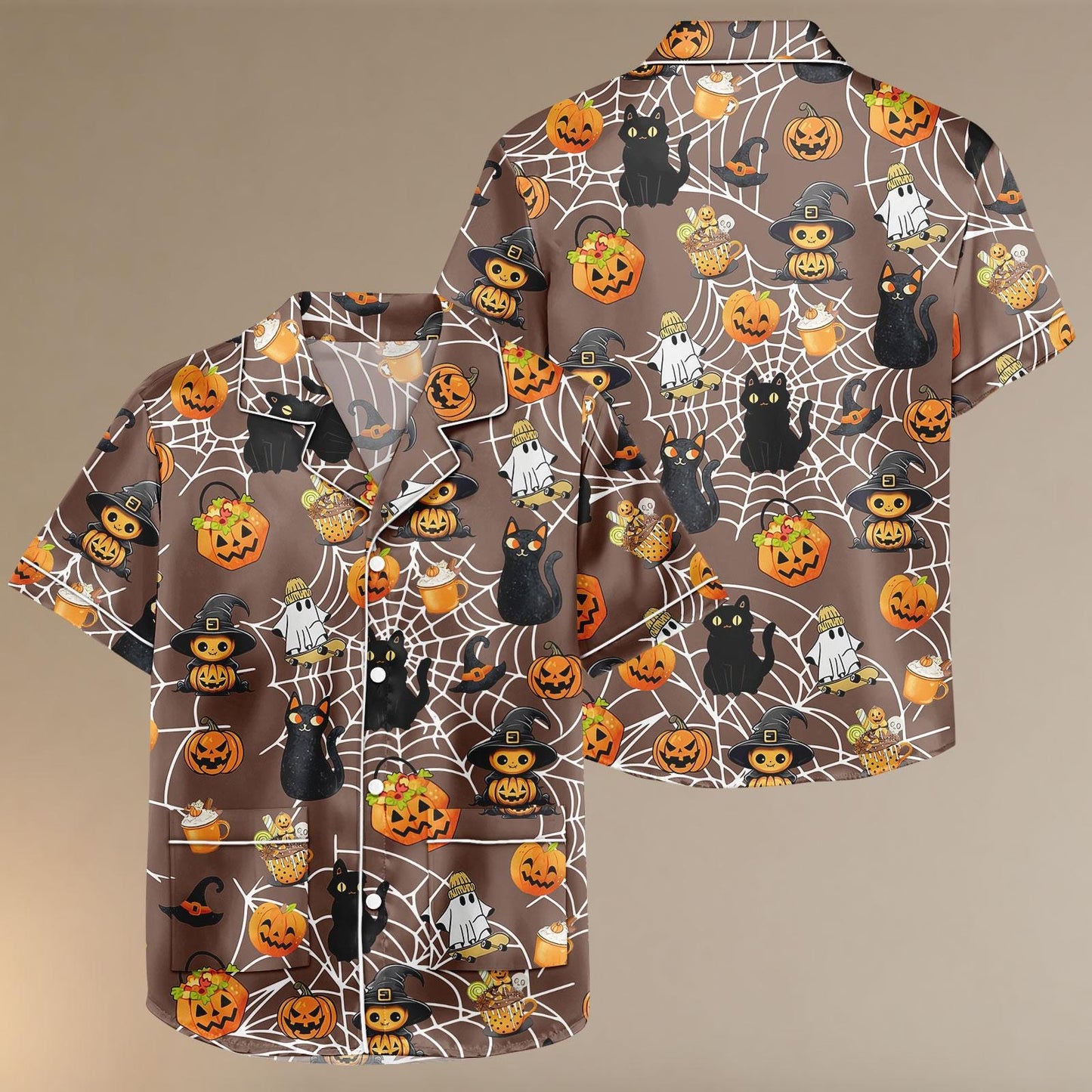 Halloween Black Cat Satin Pajamas, Ghost Pumpkin Sleepwear, Cute Spooky Halloween Shirt, Halloween Sleepwear, Gift For Her
