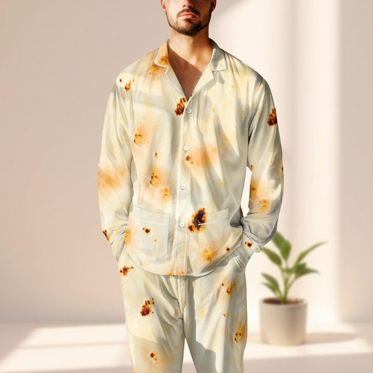 Funny Tortilla Satin Pajamas Set, Burnt Flatbread Print Sleepwear, Food Lover Loungewear, Unique Novelty Pjs Set, Gift For Her