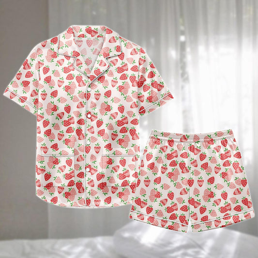 Strawberry Cartoon Satin Pajamas Set, Pink Fruit Print Short Sleepwear, Kawaii Summer Loungewear, Cute Women Pajamas Set, Funny Gift