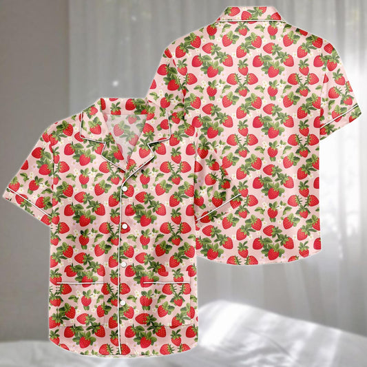 Cute Strawberry Satin Pajamas Set, Short Summer Sleepwear Set For Women, Girly Loungewear, Matching Pajamas Set, Gift For Her