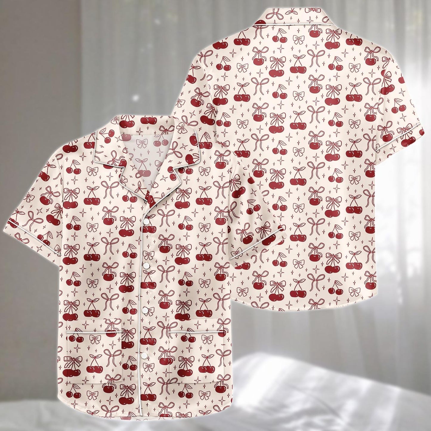 Cherry Bow Satin Pajamas Short Set, Red Fruit And Ribbon Sleepwear, Coquette Aesthetic Loungewear, Cute Holiday Pajamas, Gift For Her