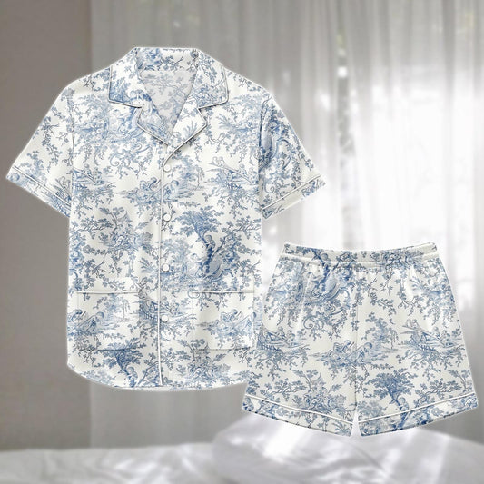 Blue Toile De Jouy Satin Pajamas Short Set, French Vintage Sleepwear, Elegant Cottagecore Loungewear, Women Matching Pjs, Funny Gift