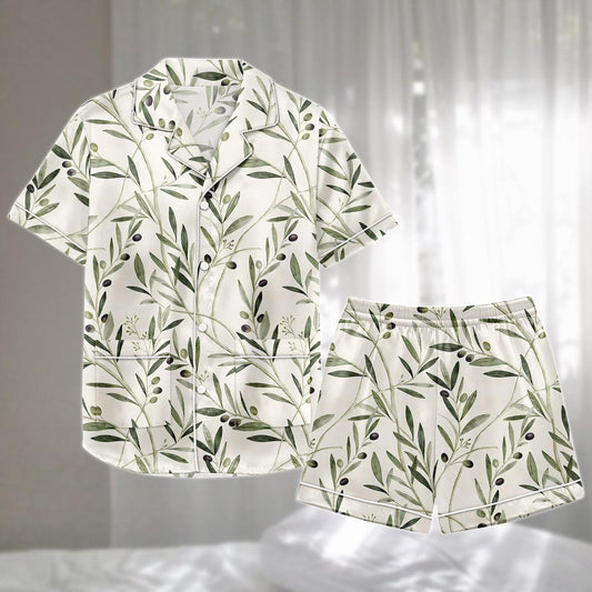 Olive Satin Pajamas Set, Mediterranean Botanical Sleepwear, Elegant Nature Inspired Short Loungewear, Cute Matching Pjs, Gift For Her
