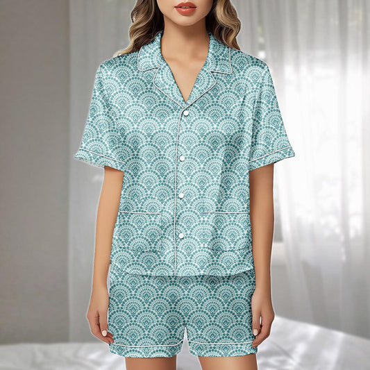 Art Deco Satin Pajamas Short Set, Teal Fan Pattern Sleepwear, Elegant Vintage Loungewear, Classy Nightwear Women Pajamas, Gift For Her