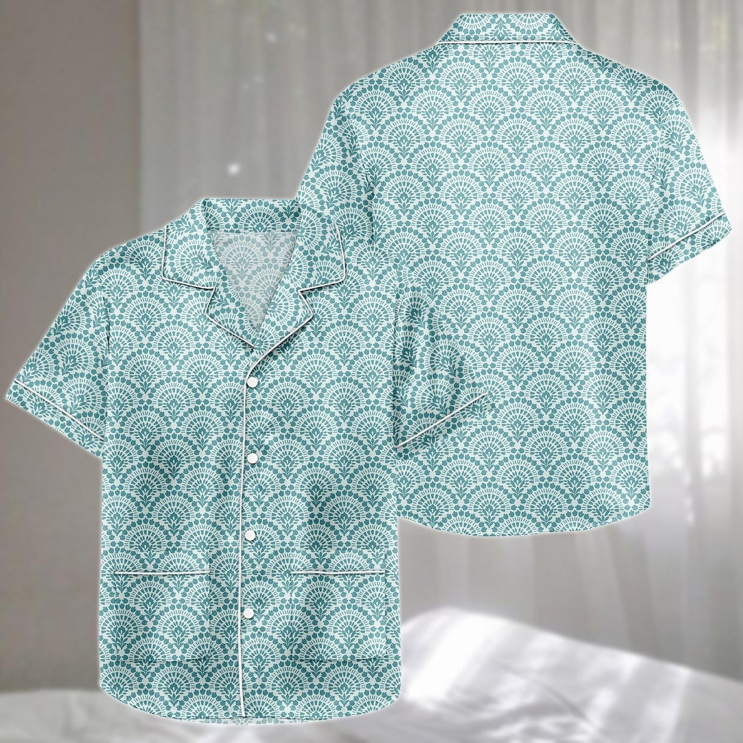 Art Deco Satin Pajamas Short Set, Teal Fan Pattern Sleepwear, Elegant Vintage Loungewear, Classy Nightwear Women Pajamas, Gift For Her