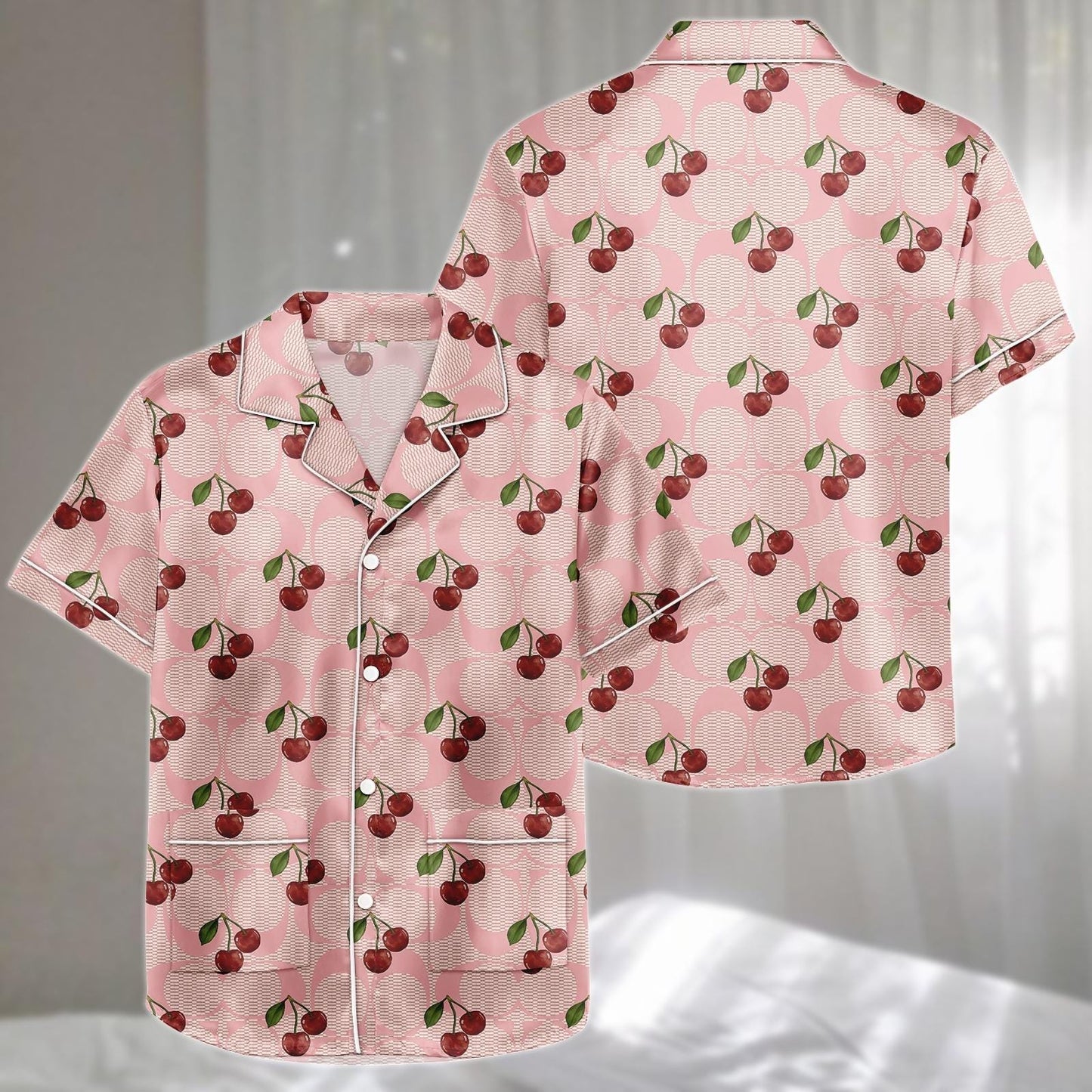 Cherry Satin Pajamas Set, Pink Retro Fruit Pattern Short Sleepwear, Cute Girly Loungewear, Family Matching Pajamas, Gift For Her