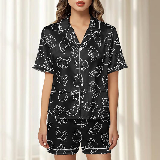 Black Cat Satin Pajamas Short Set, Funny Cat Matching Pjs, Funny Animal Womens Lounge Set, Kawaii Pet Nightwear, Birthday Gift For Her