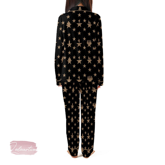 Hamilton Star Silky Satin Pajama Set For Women | Broadway Musical Sleepwear | Gold Star Pattern PJs | Gift for Theater Fans