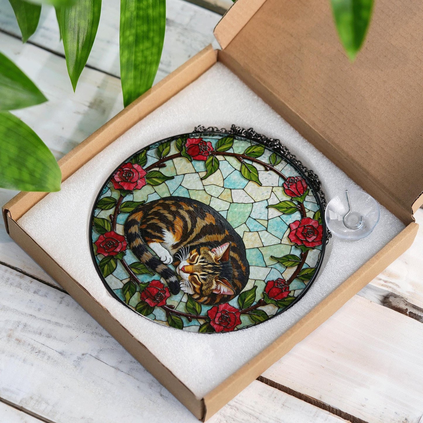 Sleeping tabby cat with roses round stained glass suncatcher gift for cat lover
