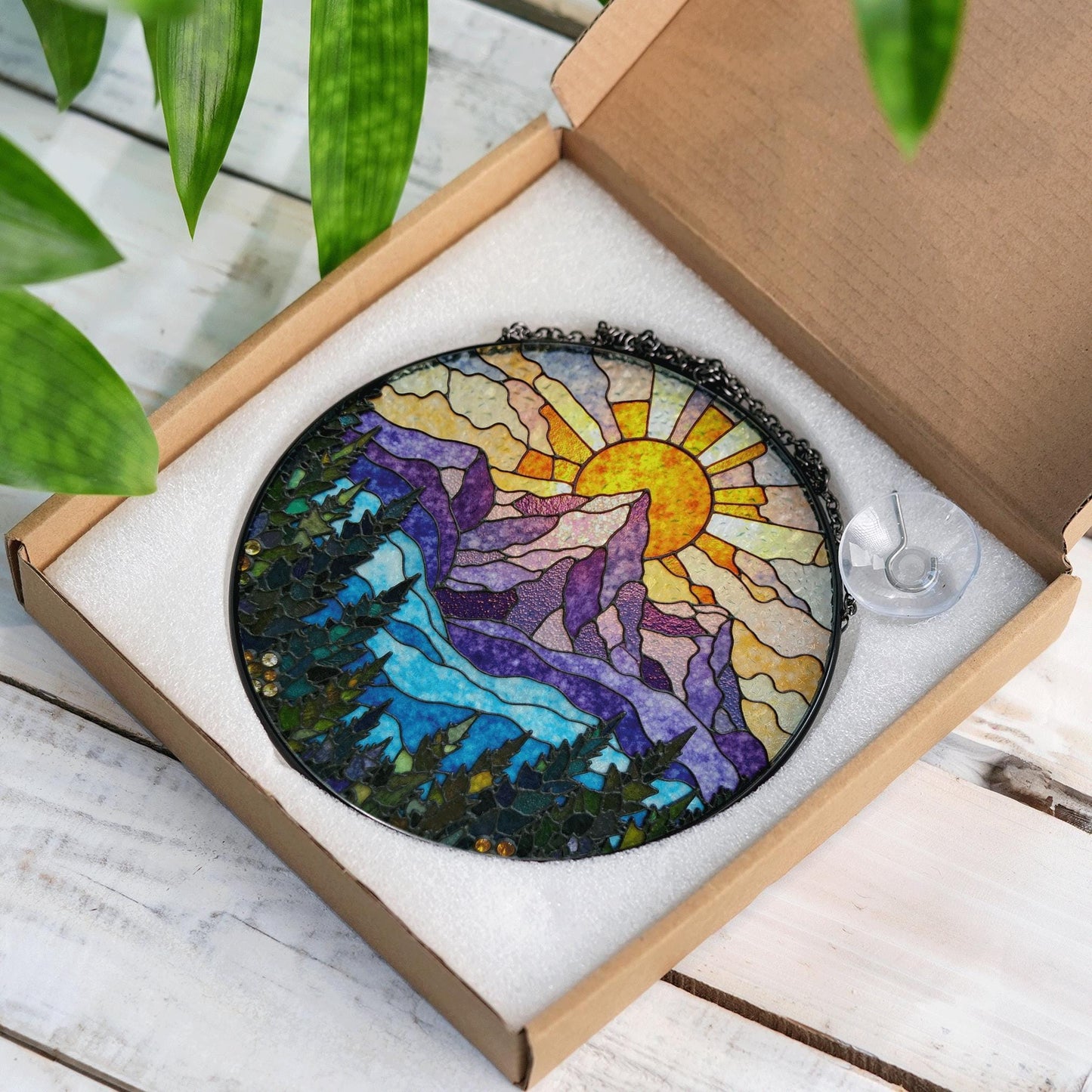 vibrant mountain sunrise suncatcher stained glass window hanging gift for nature lovers