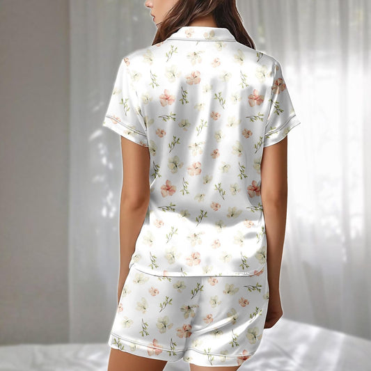 Floral Satin Pajamas Short Set, Soft Summer Sleepwear, Cute Flower Lounge, Nature Lovers Matching Pjs, Birthday Gift For Her
