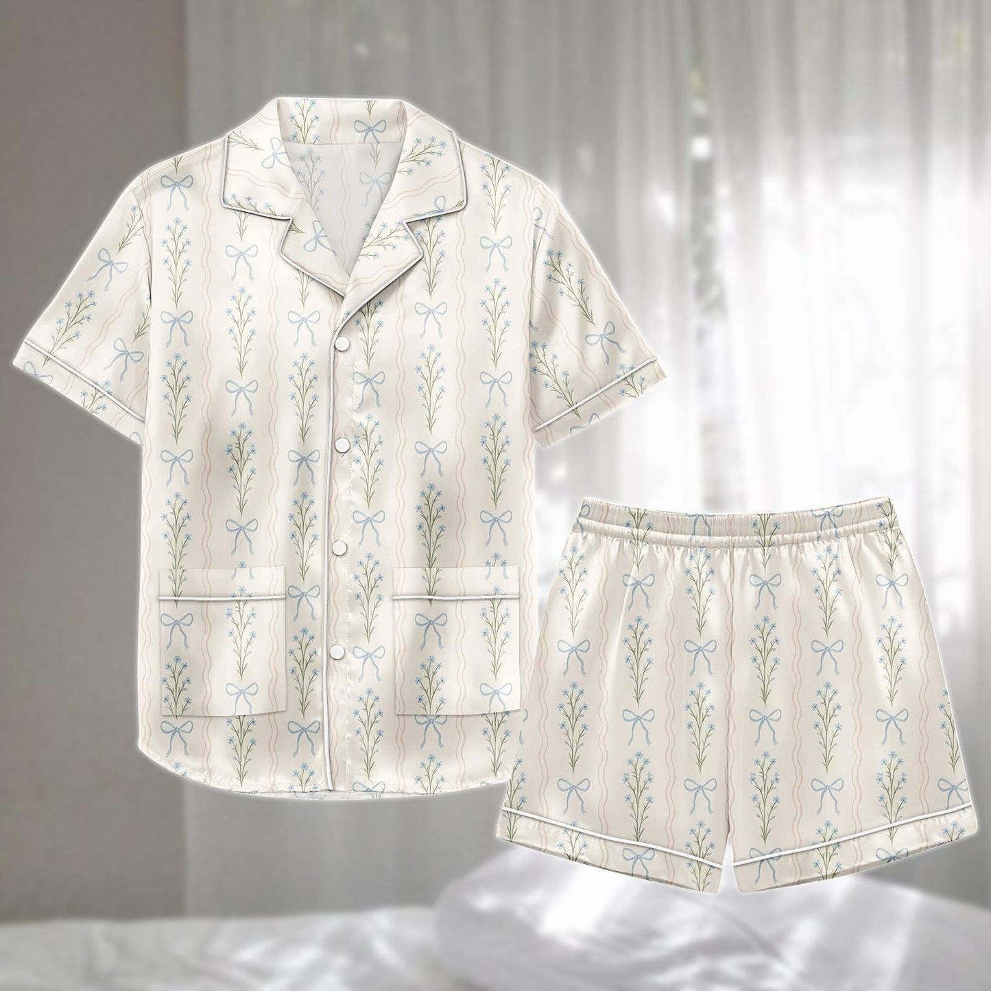 Blue Bow Floral Satin Pajama Short Set, Coquette Aesthetic Sleepwear, Soft Women Nightwear, Cute Summer Matching Pj Set, Gift For Her