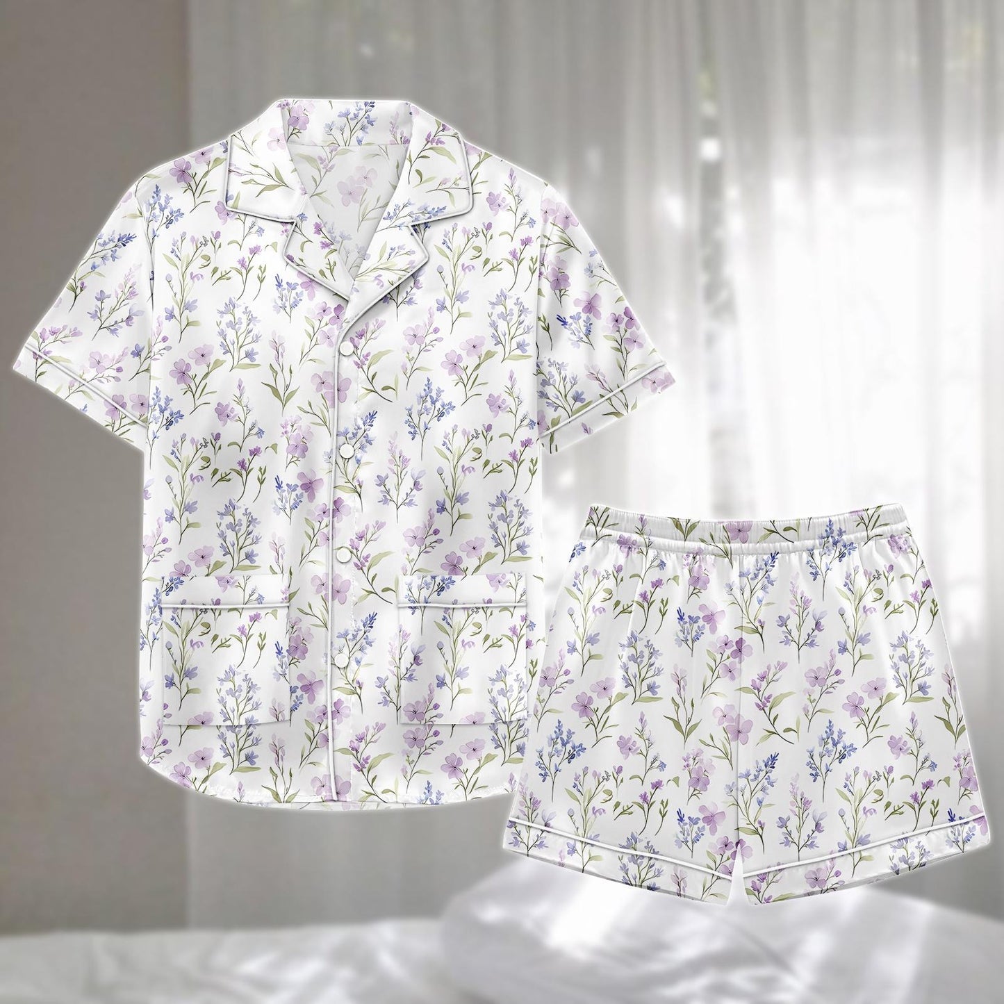 Lavender Floral Satin Pajama Short Set, Soft Purple Botanical Sleepwear, Summer Button Nightwear, Cute Holiday Pajamas, Gift For Her