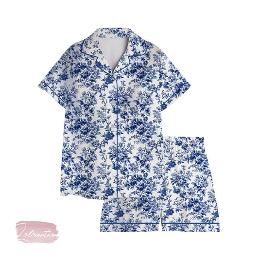 Flower Blue Toile Pajama Set – Vintage Floral Short Sleeve Button Up Sleepwear, Soft Summer Loungewear Gift for Her