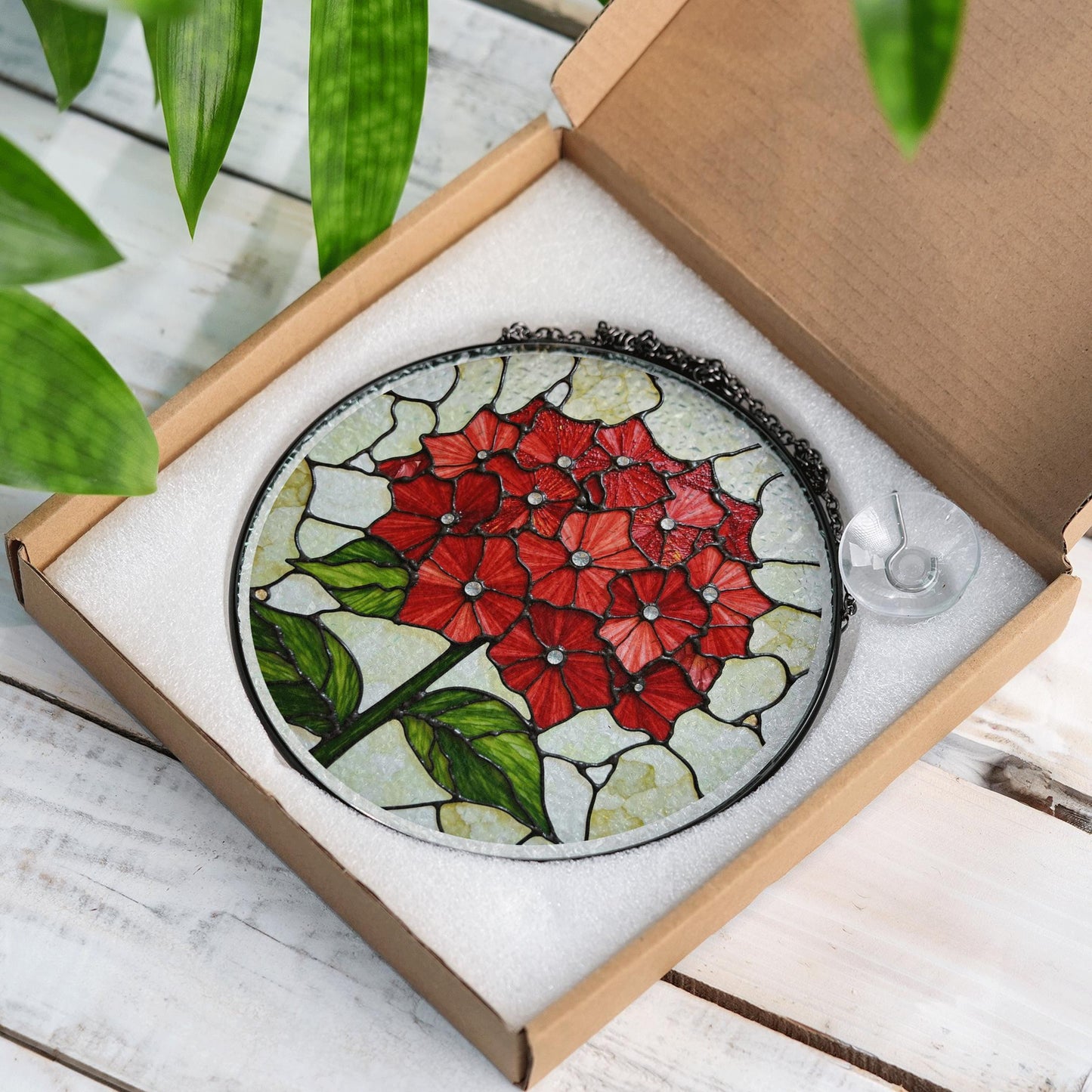 Red Hydrangea Flower Stained Glass Round Suncatcher for Garden Gift