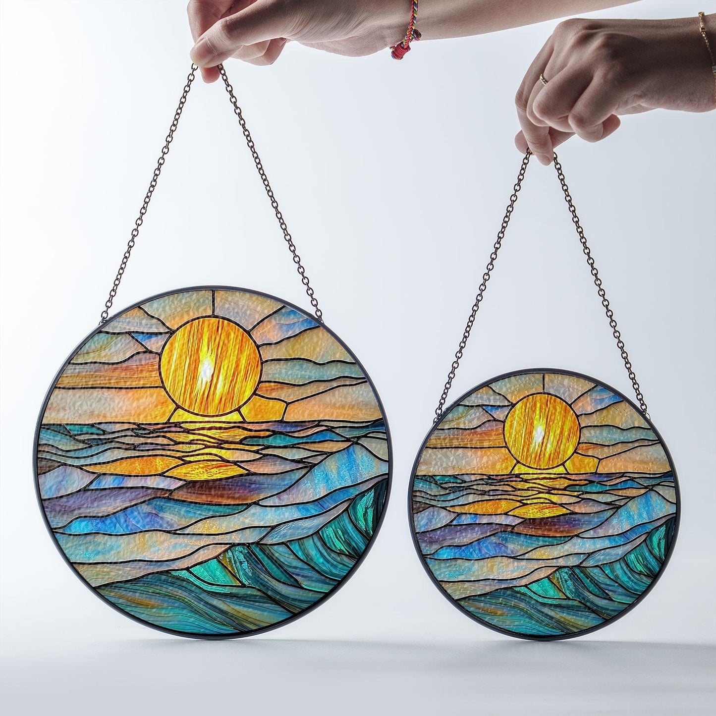 Round Stained Glass Suncatcher – Ocean Sunset with Glowing Sun, Waves in Blue, Aqua & Gold Tones – Coastal Window Hanging Art