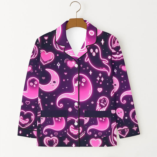 Halloween Pink Neon Ghost Pajamas Set, Halloween Ghost Moon Pumpkin Heart Sleepwear, Spooky Season Homewear, Cozy Nightwear Gift