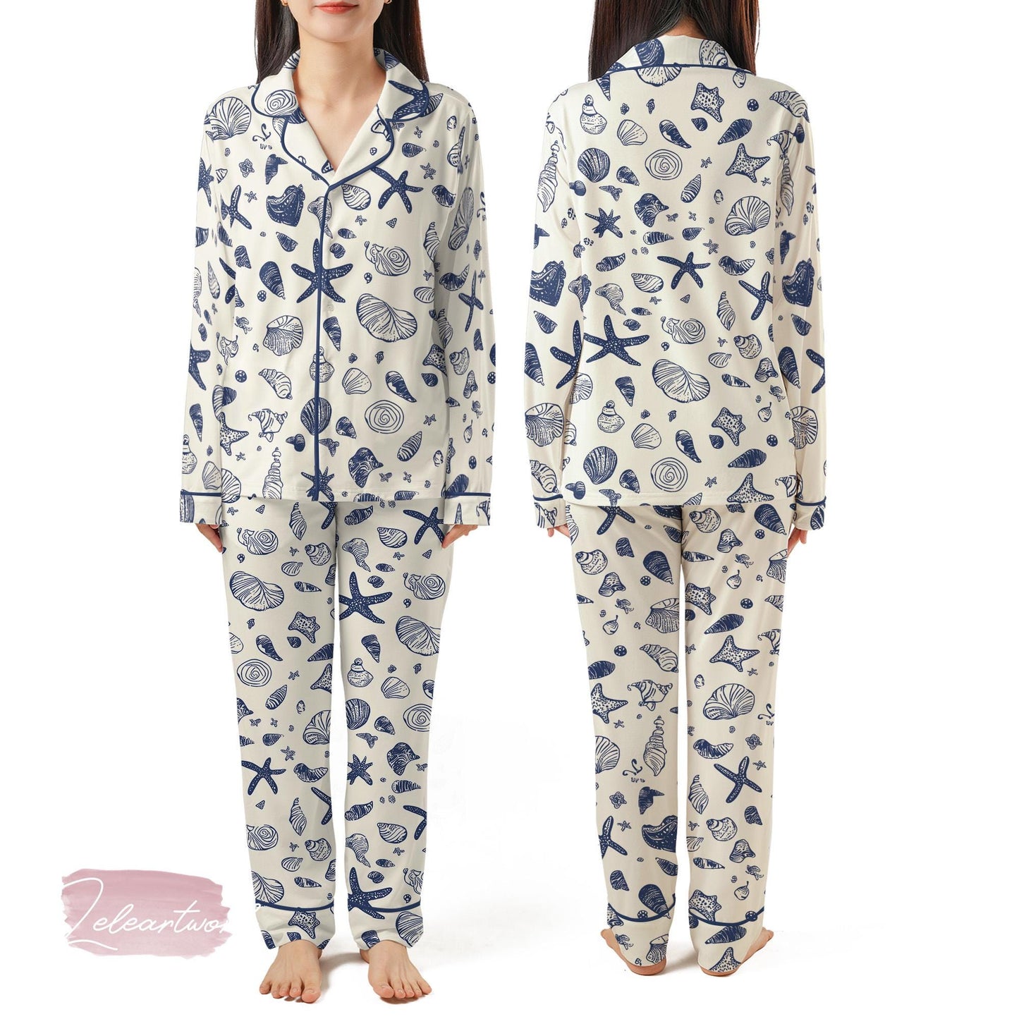 Sea Shell Art Pajama Set – Nautical Blue Seashell Short Sleeve Sleepwear, Beach Lover Loungewear Gift for Summer Relaxation