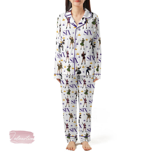 Six Musical Satin Pajama Set – Broadway Queen Sleepwear, Silky Theater PJs with Six the Musical Print, Gift for Musical Fans Lovers