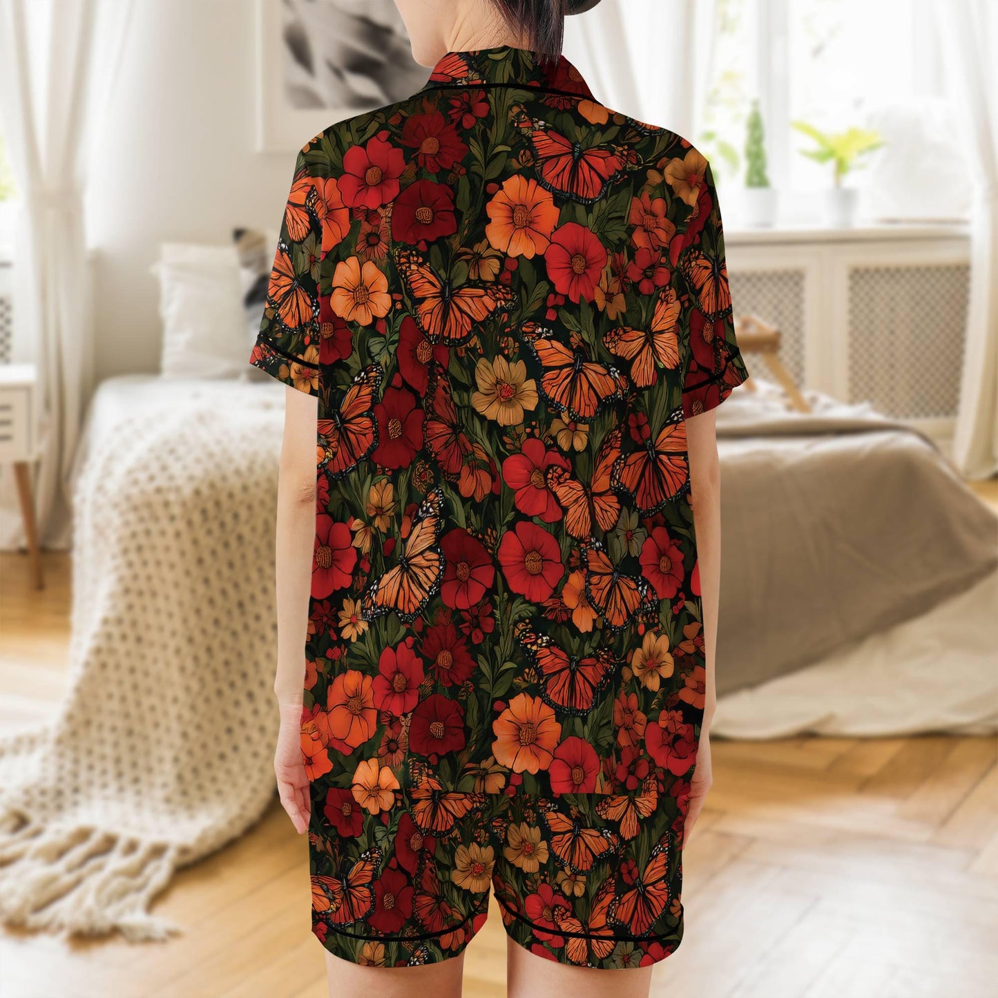 Monarch Butterfly Short Sleeves Pajama Set, Butterfly and Flowers Woman's Satin Pajama Gift Pajamas Short Sleeve Shorts