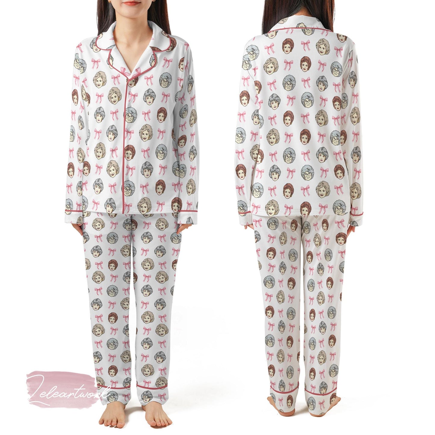 Golden Girls Coquette Set | Silky Satin Pajama Set for Women | Pink Bow Retro Sleepwear | Funny Lounge Set for Best Friends & TV Lovers