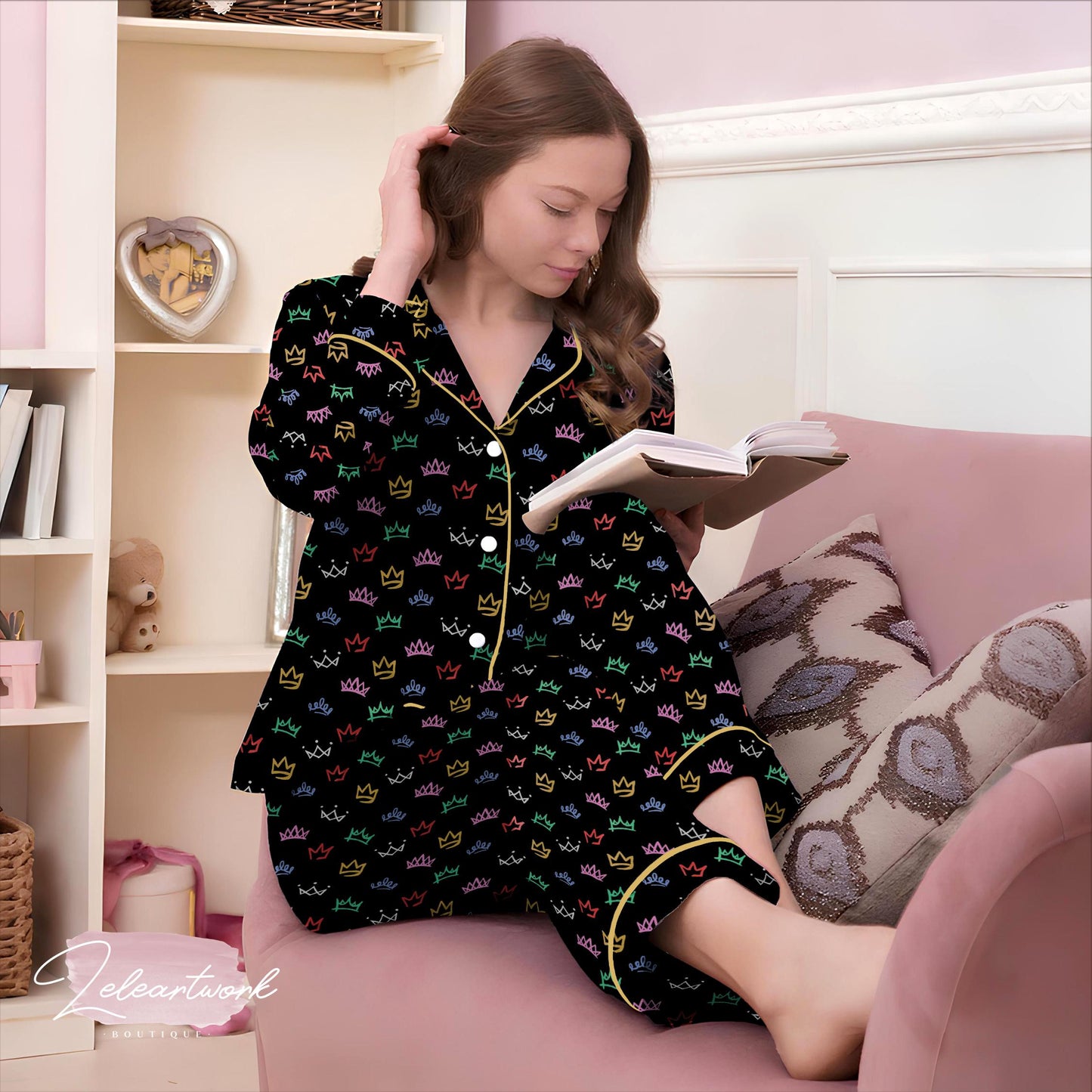 Six The Musical Broadway Set | Silky Satin Crown Print Pajama Set for Women | Queendom Sleepwear | Theater Gift for Her