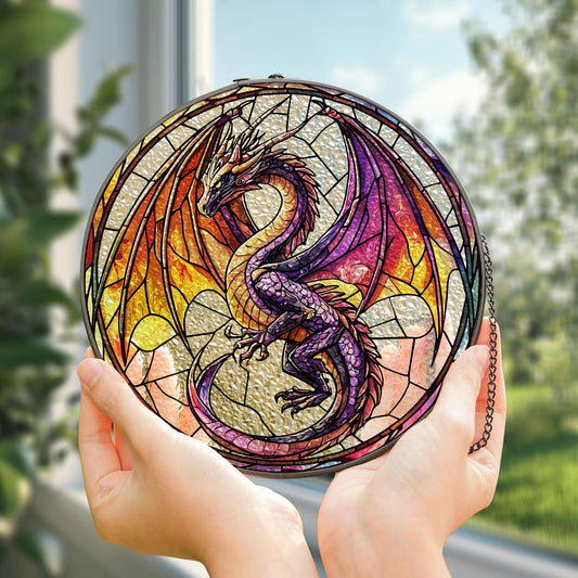 Mystery Dragon Glass Suncatcher, Hanging Decor for Fantasy Fans, Holiday Gifts, Purple Dragon Stained Glass Decor, Gift for Fantasy Fans