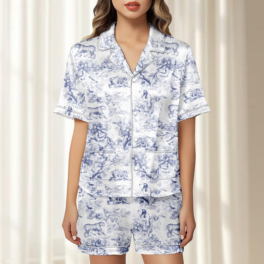 Wild Jungle Satin Pajamas Short Set, Cute Matching Pjs, Vintage Safari Women Sleepwear, Lion Tiger Horse Loungewear, Gift For Her