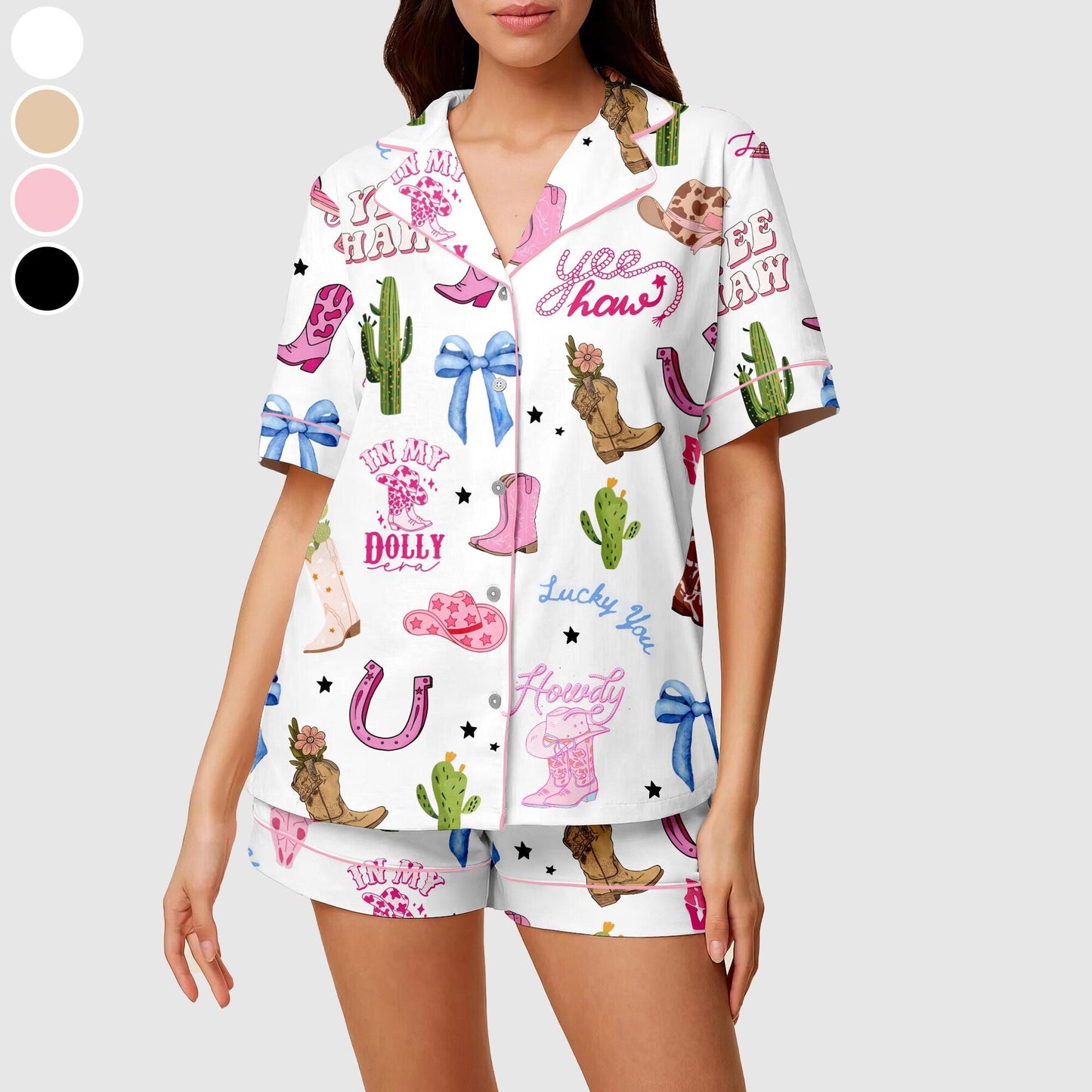 Pink Cowgirl Pajama Set, Women's Western Pajama Short Set, Cactus & Cowgirl Print Summer Lounge Set, Cowgirl Birthday Gift