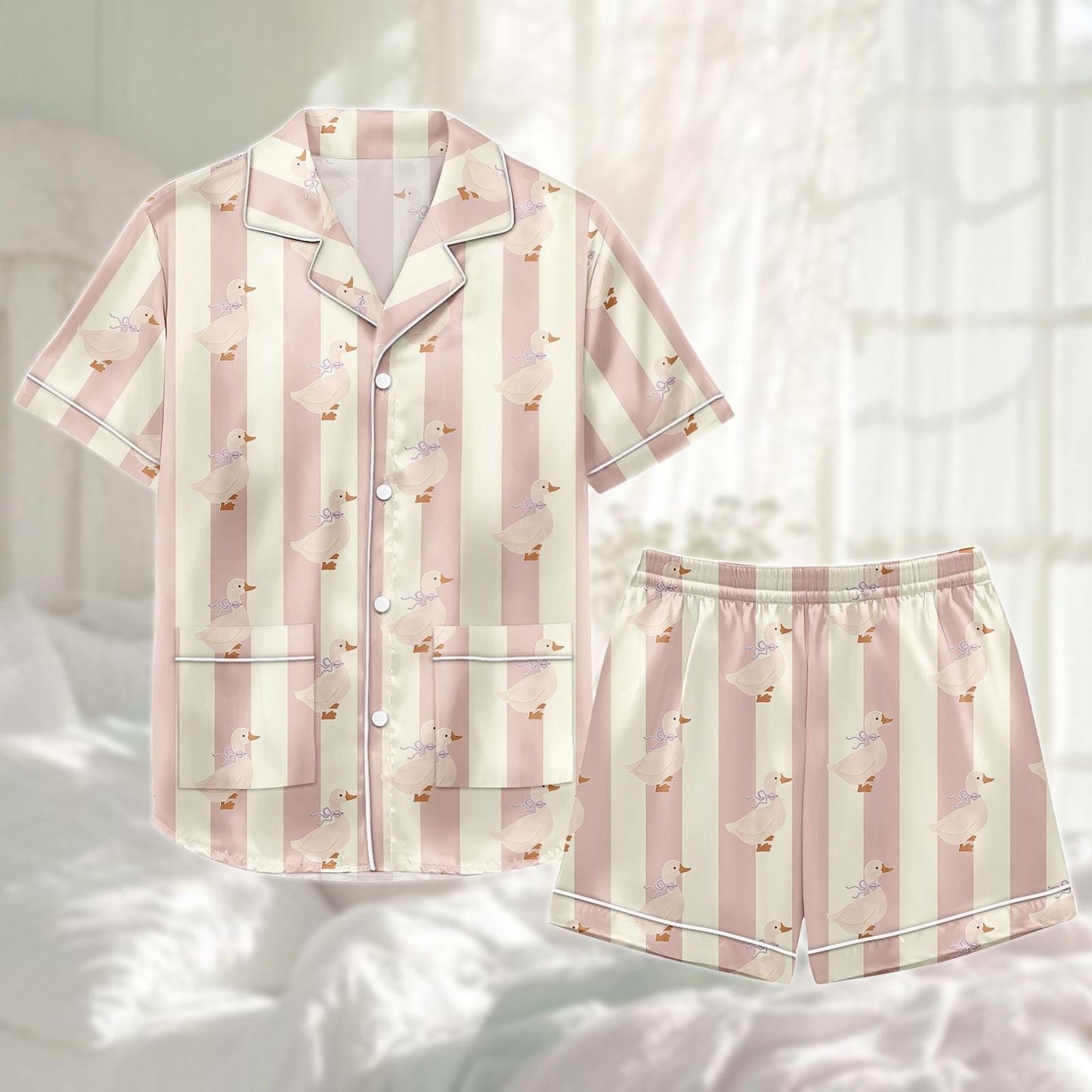 Cute Duck Satin Pajama Short Set, Pink Stripe Pjs For Women, Kawaii Loungewear, Summer Sleepwear, Pastel Aesthetic Pjs, Gift For Her