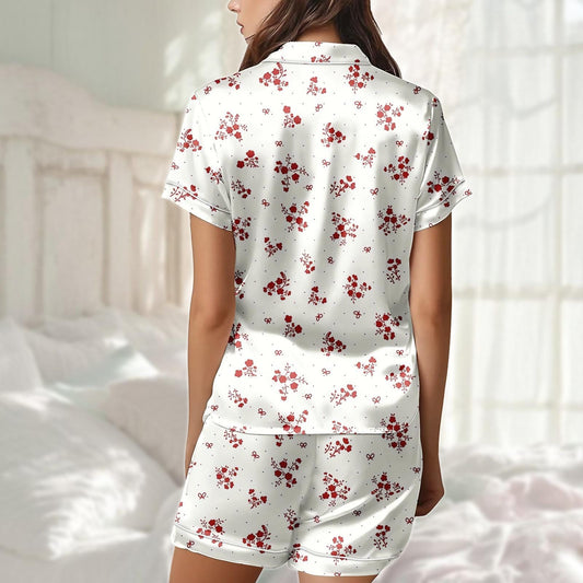 Red Floral Satin Pajama Short Set, Summer Sleeve Pjs For Women, White Elegant Sleepwear, Cute Satin Loungewear Pjs, Gift For Her